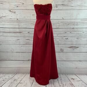 David’s Bridal red strapless gown flower top